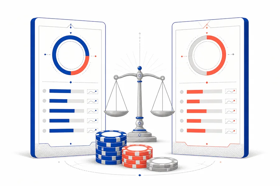 Ilustración de dos tarjetas de evaluación enfrentadas con fichas de casino y una balanza
