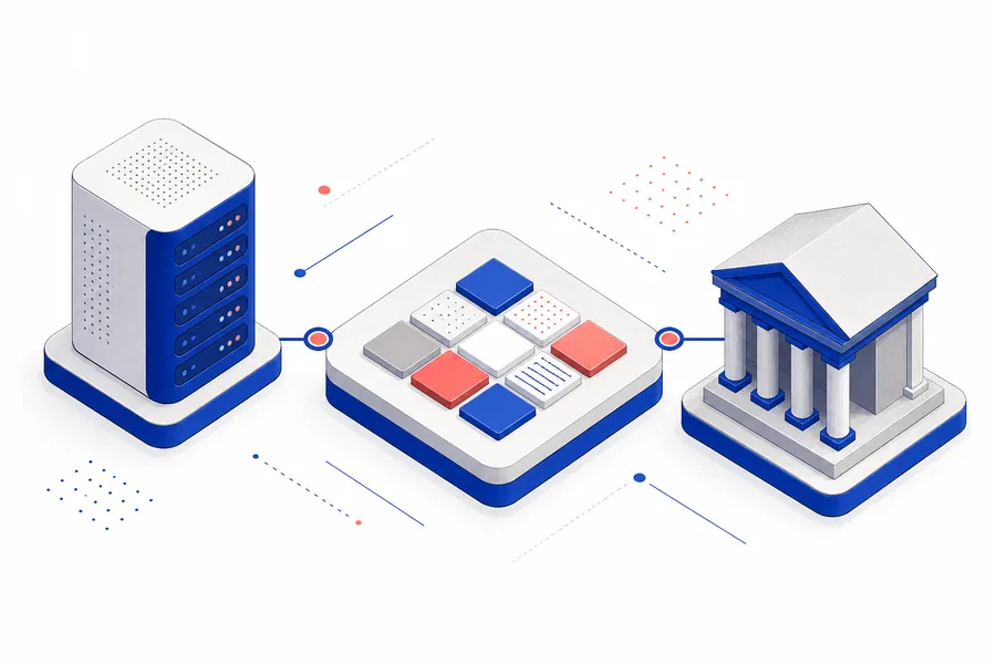 Ilustración isométrica de tres bloques conectados: un servidor, una plataforma con fichas de juego y un edificio institucional